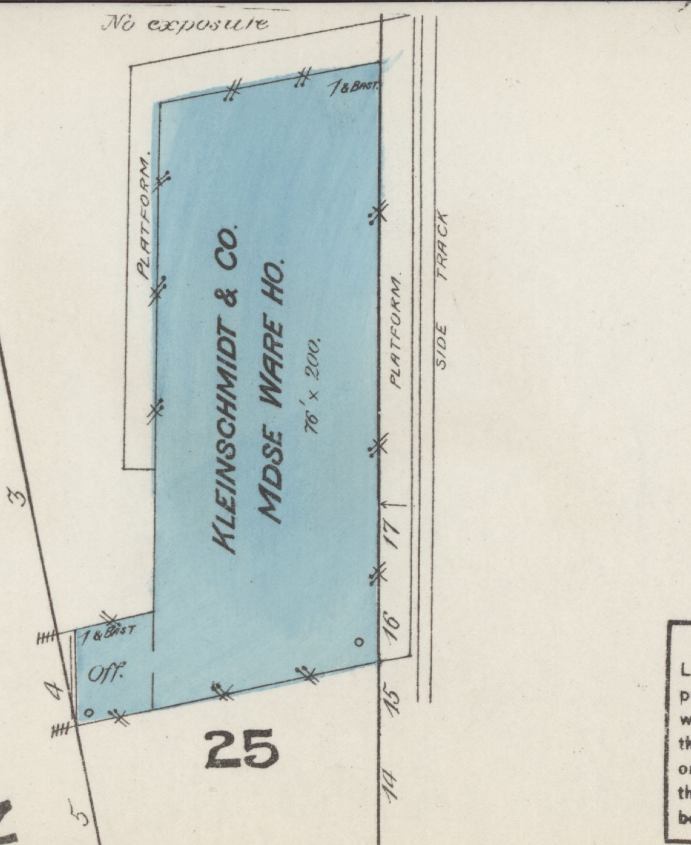 Block 25 on the November 1884 Sanborn map: the Kleinschmidt & Co. merchandise warehouse drawn in blue for stone, 76 by 200 feet, with a platform and side track along the Northern Pacific reservation and Bozeman Street below