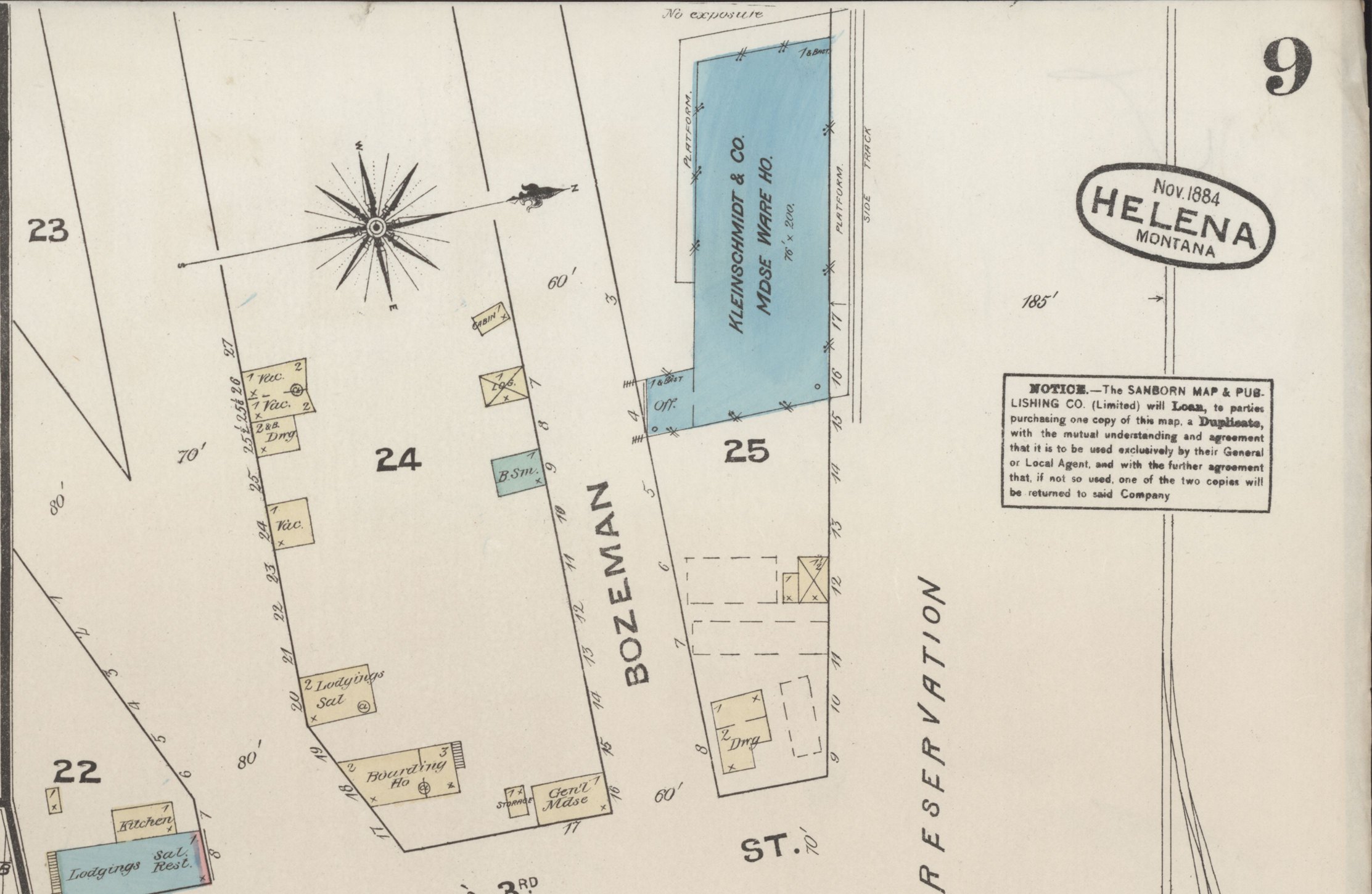 The Northern Pacific Addition on the November 1884 Sanborn fire-insurance map of Helena, sheet 9: Bozeman Street, Blocks 23 to 28, the rail road reservation, the passenger depot, the California and Grand Pacific hotels