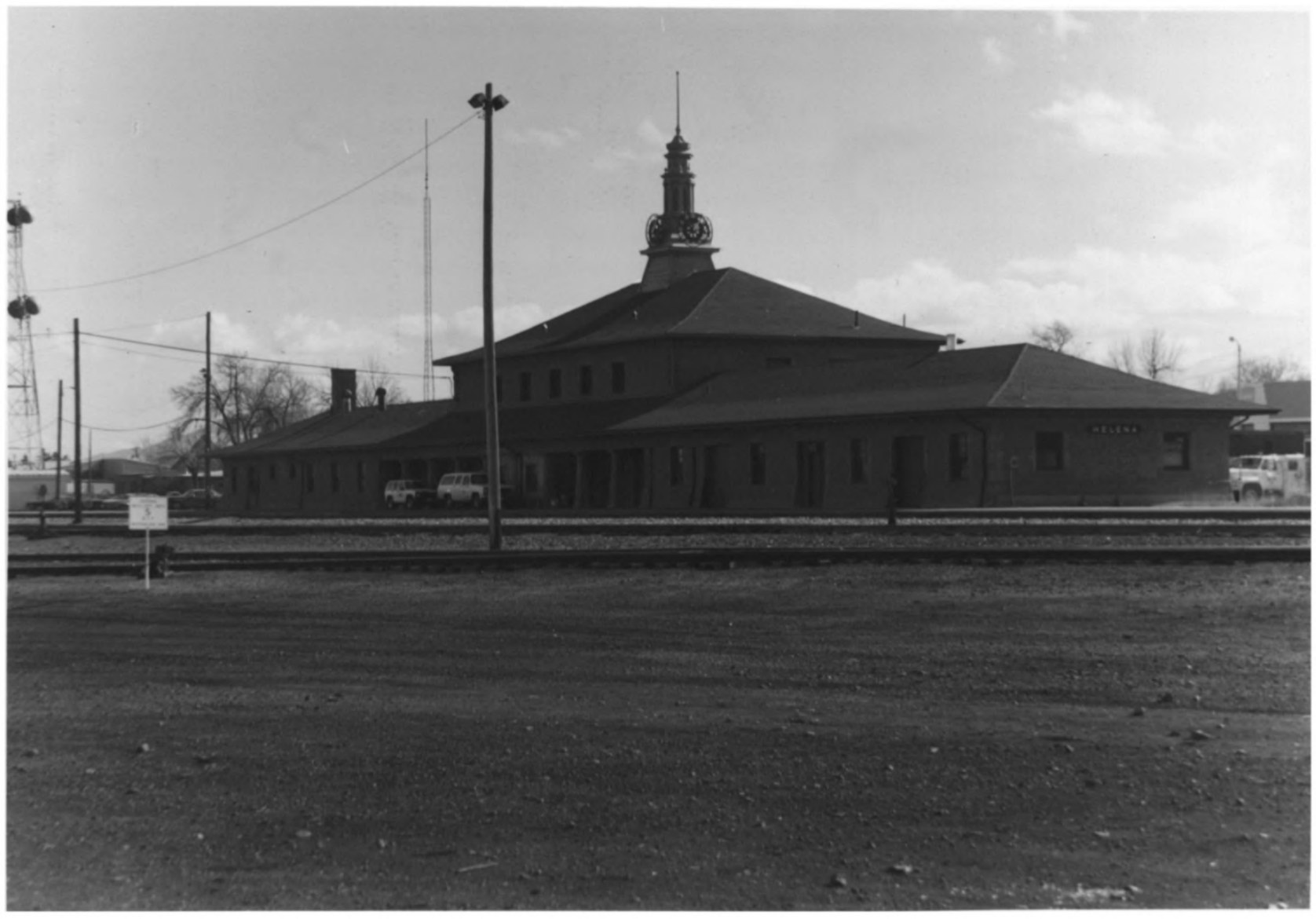The Northern Pacific depot at Helena photographed from the southeast in 1995 for the National Register nomination, with its clock tower and covered platform