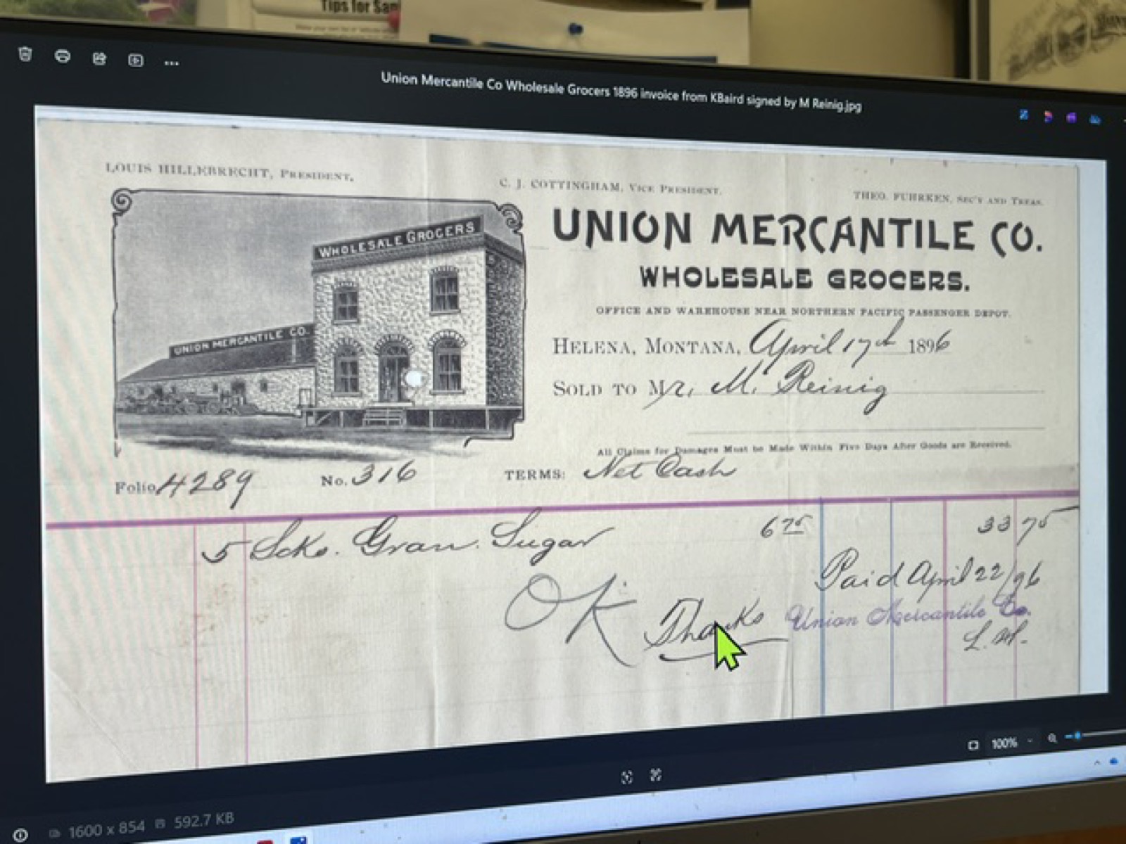 An 1896 Union Mercantile Company wholesale grocers invoice from Helena, near the Northern Pacific depot, from the project research files