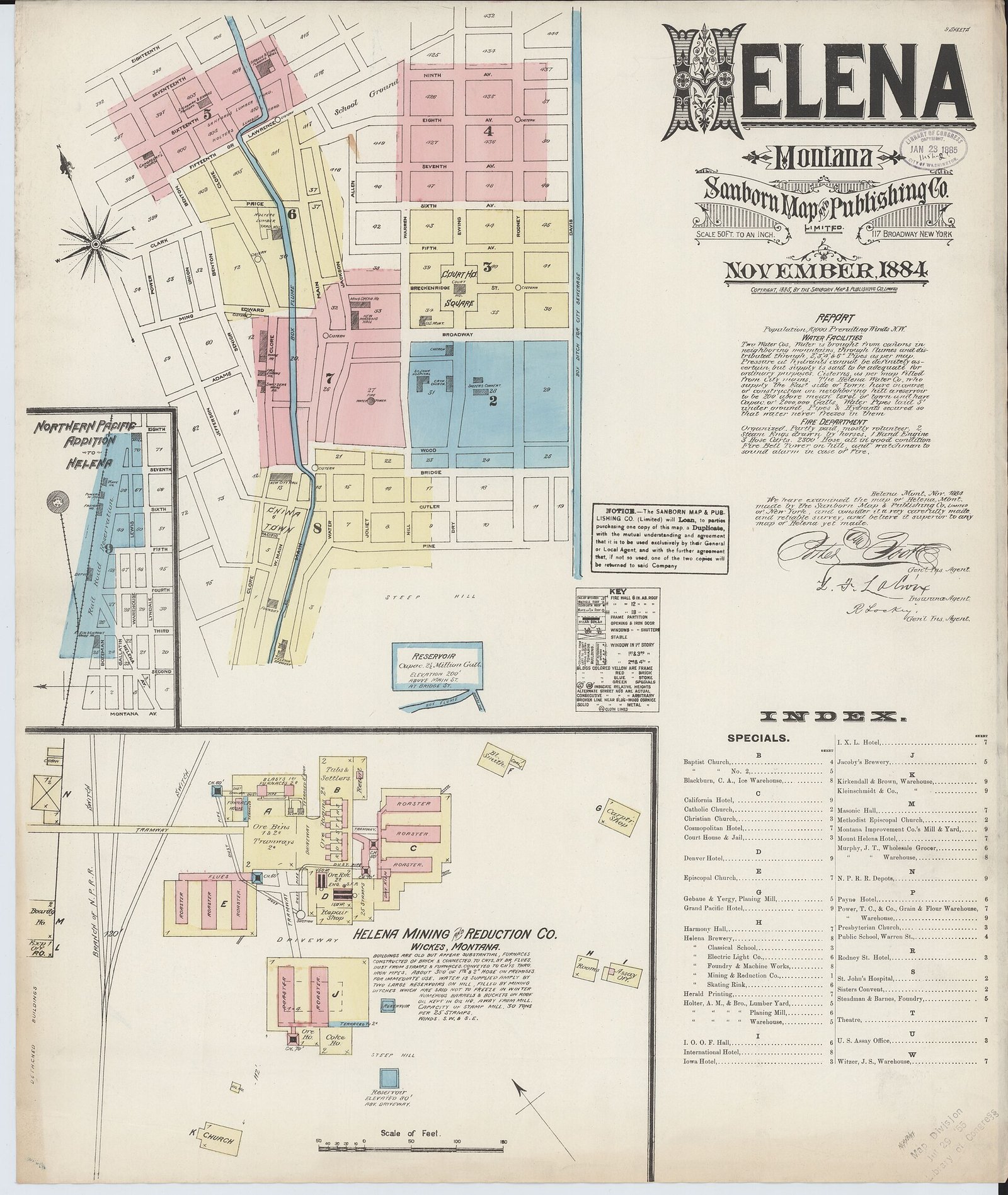 The key sheet of the November 1884 Sanborn map of Helena, with the Northern Pacific Addition drawn as an inset
