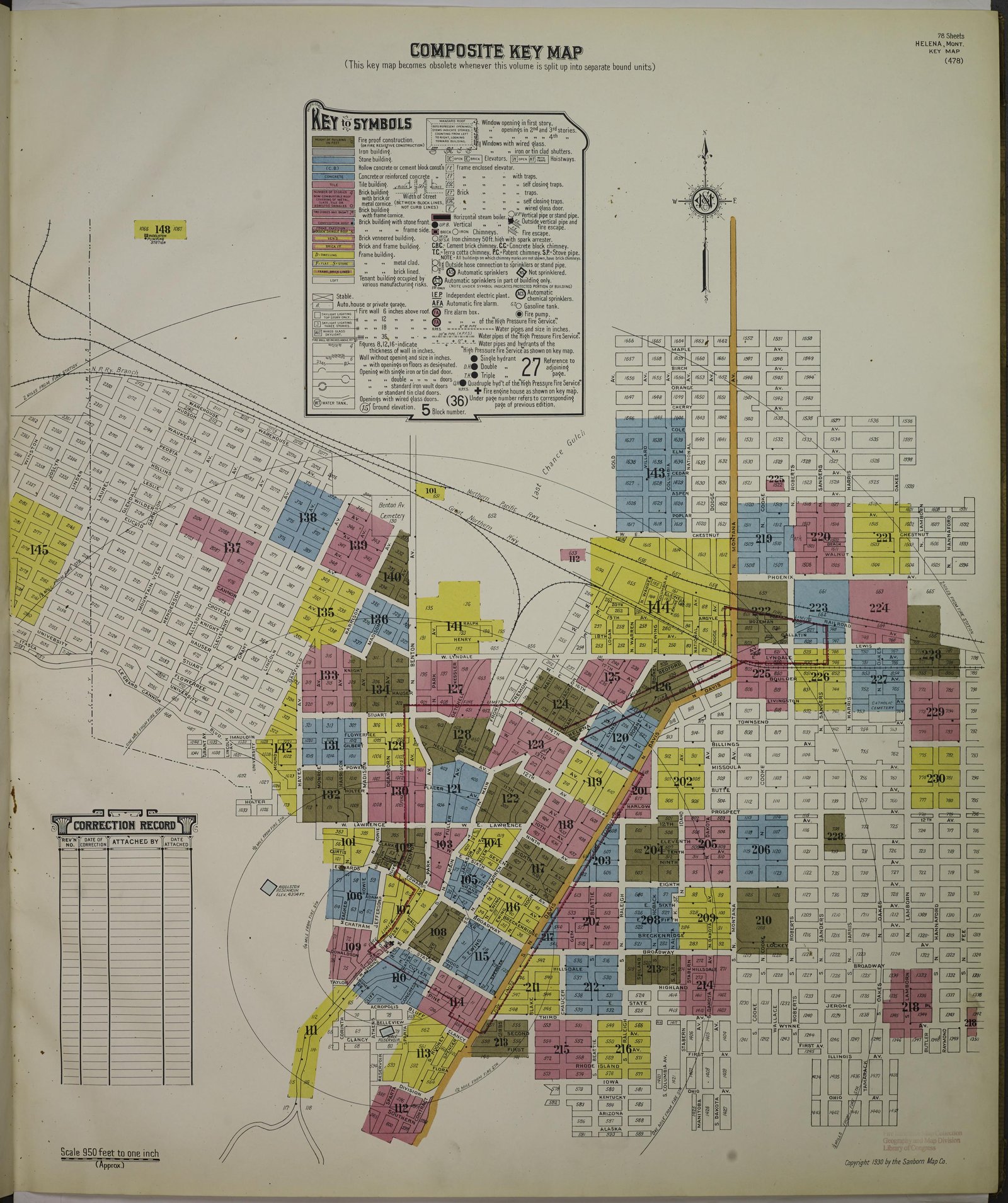 The 1930 Sanborn key map of Helena showing the sheet boundaries