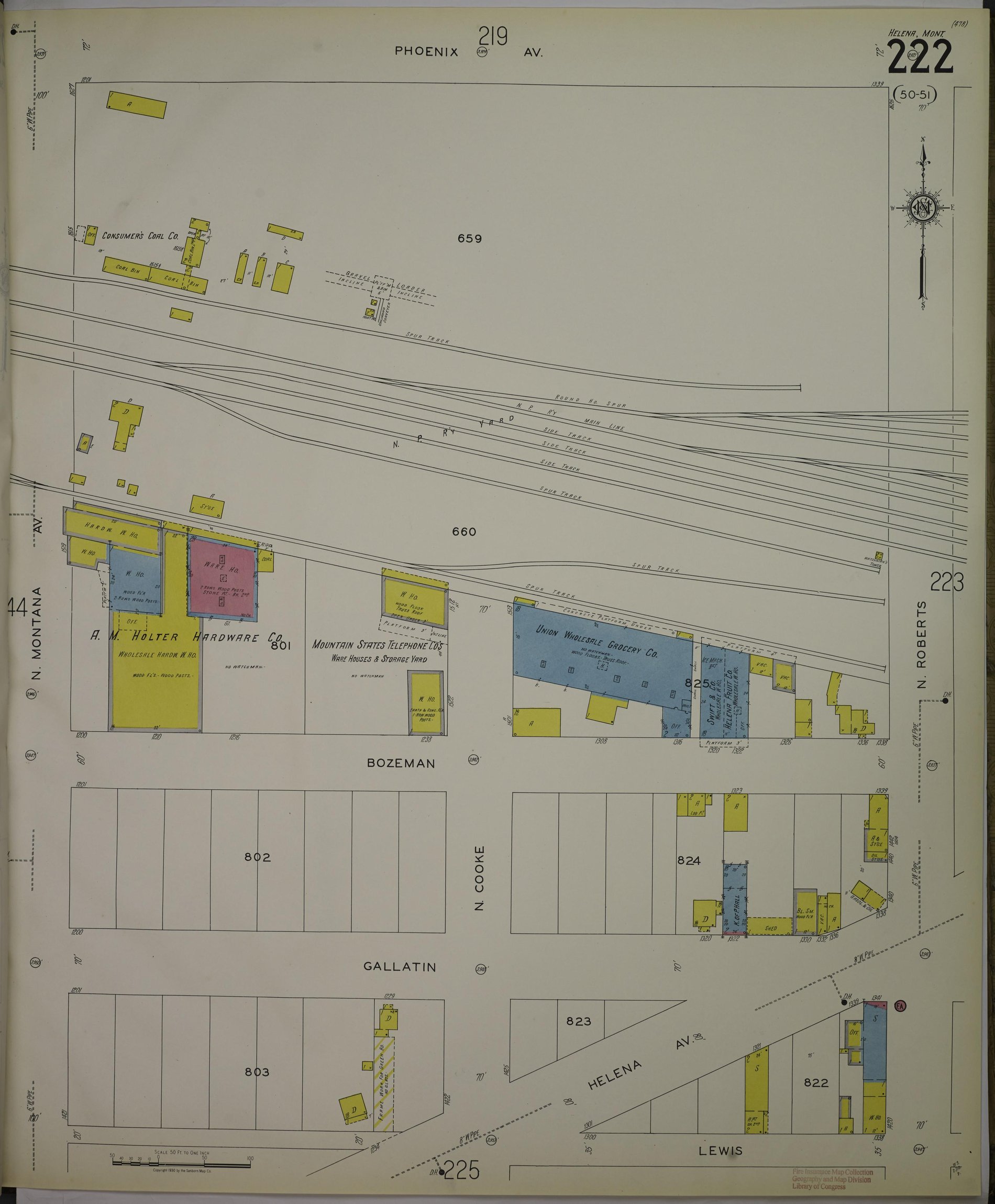Sheet 222 of the 1930 Sanborn map of Helena: the Northern Pacific yard, A. M. Holter Hardware Company's warehouses west of North Cooke, and east of Cooke the Union Wholesale Grocery Company's stone house with a concrete platform on a spur track, with Swift & Co. and the Helena Fruit Company beside it and the house numbers 1300 to 1338 along Bozeman